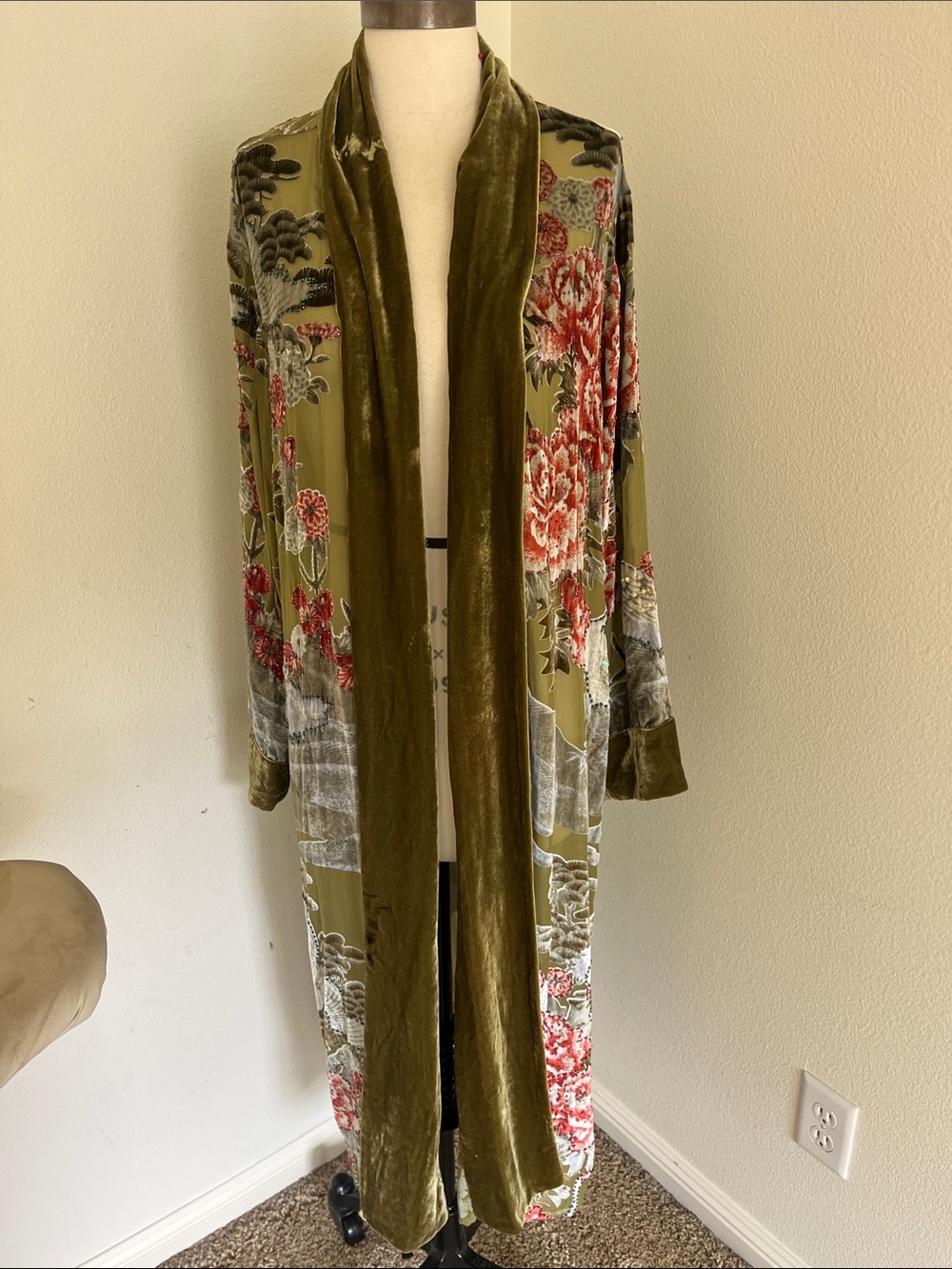 Olive Floral Velvet Trim Long Robe - Women